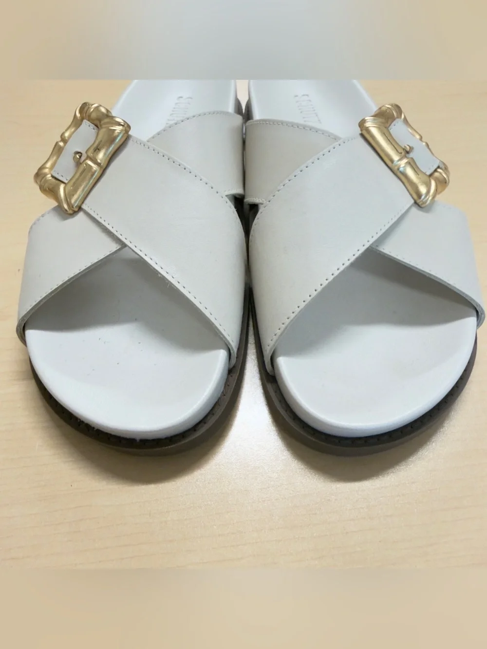 SCHUTZ Enola Leather Crossband Gold Buckle Slide Sandals Pearl White 8.5